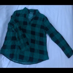 Green and black flannel, V-neck long sleeve